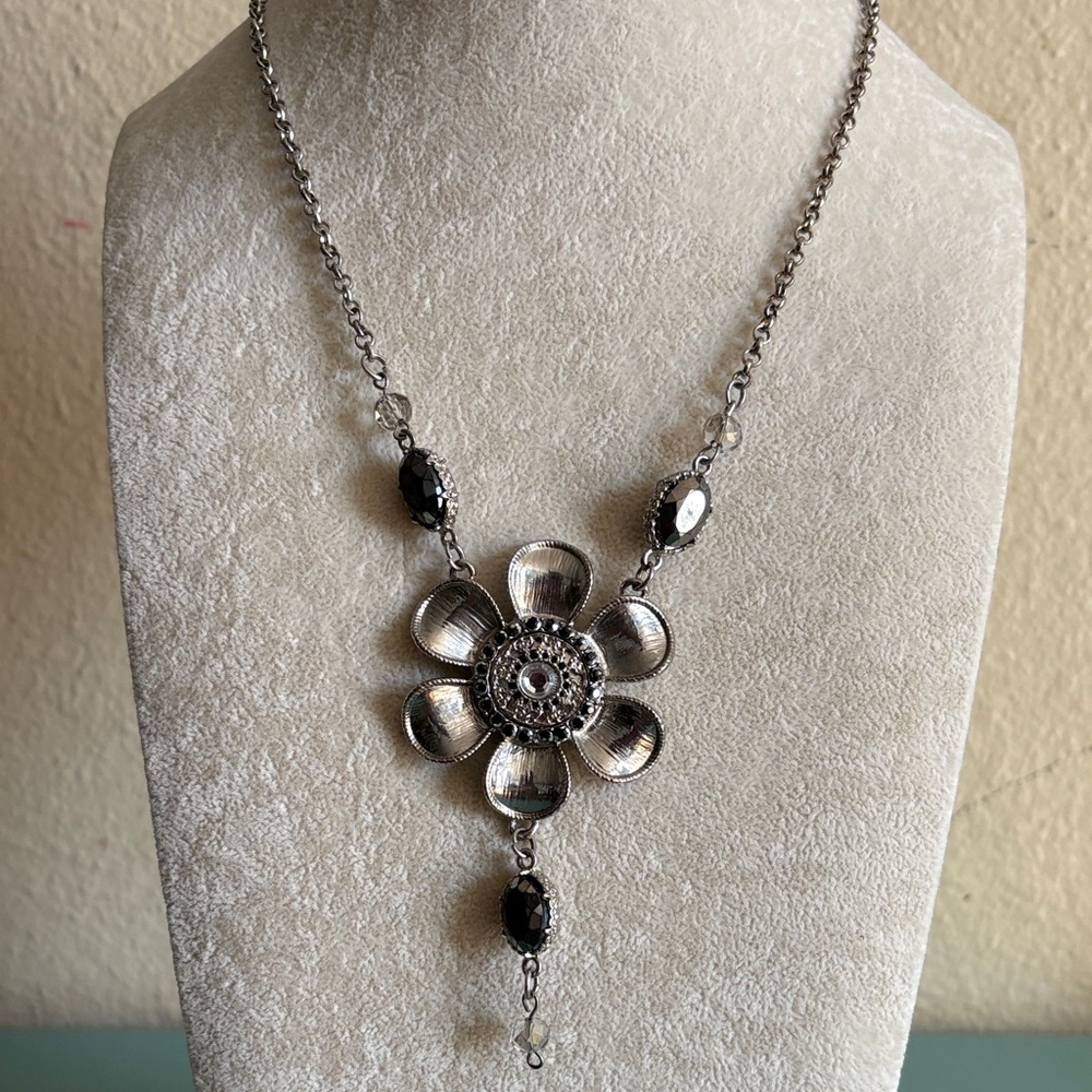 Vintage Silver Floral Pendant Necklace w/ Black Crystal Accents | Boho Statement